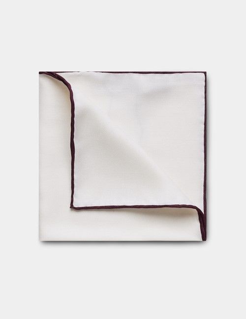 White Pocket Square With Burgundy Border  - 100% Silk