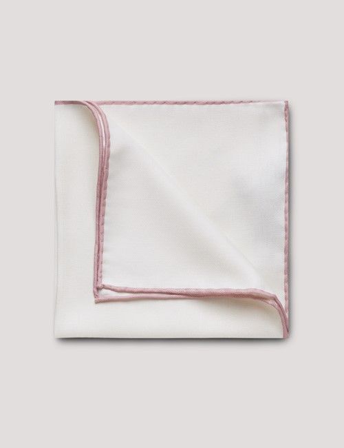 White Pocket Square With Dusky Pink Border  - 100% Silk