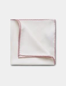 White Pocket Square With Dusky Pink Border  - 100% Silk