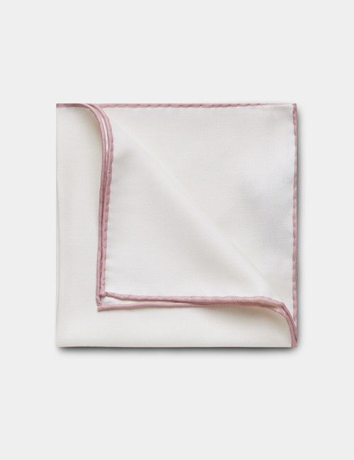 White Pocket Square With Dusky Pink Border  - 100% Silk