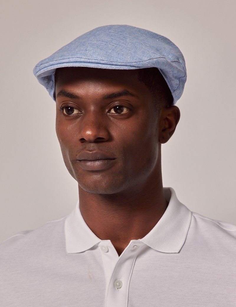 Men s Light Blue Linen Herringbone Flat Cap Hawes and Curtis