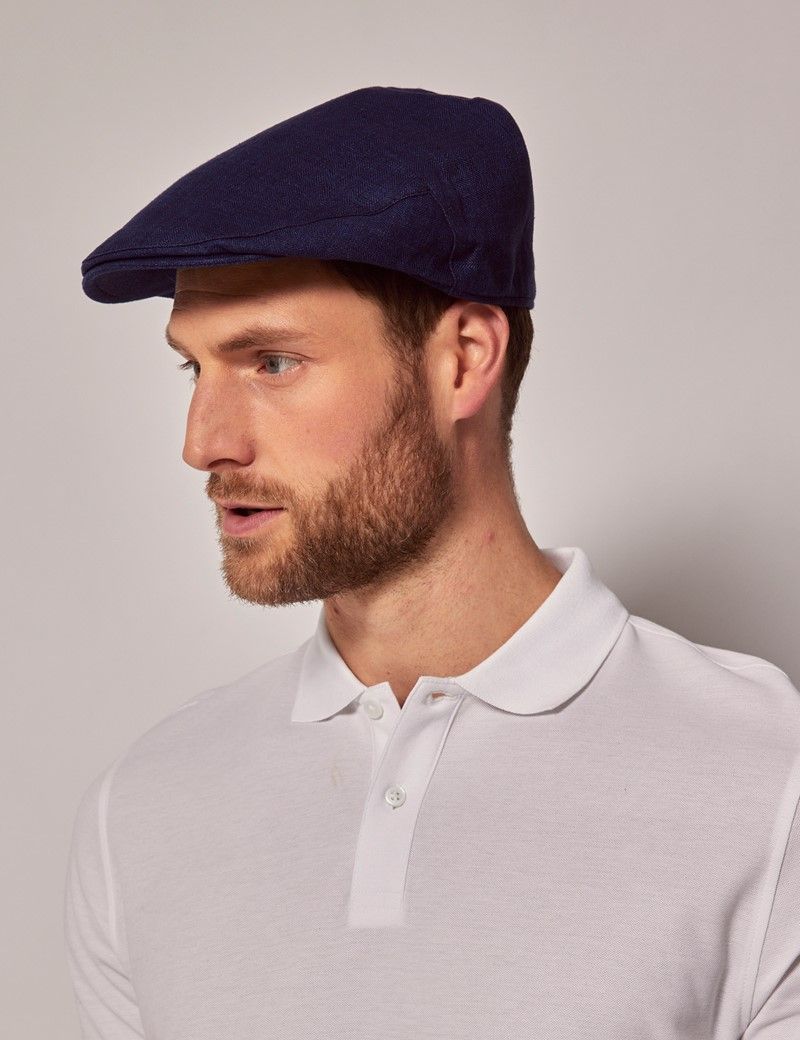 Men's Royal Blue Linen Herringbone Flat Cap | Hawes and Curtis