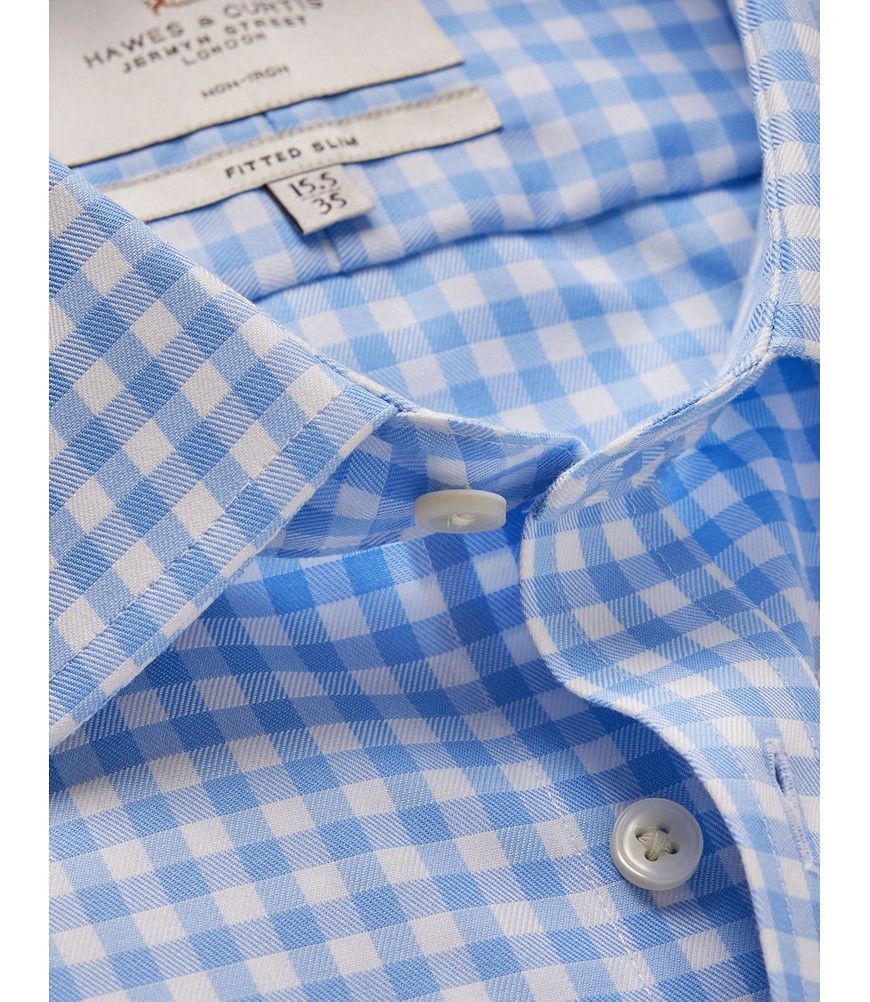 Hawes & Curtis Fitted Slim Blue & White Gingham Plaid Non-Iron Shirt | Blue/White
