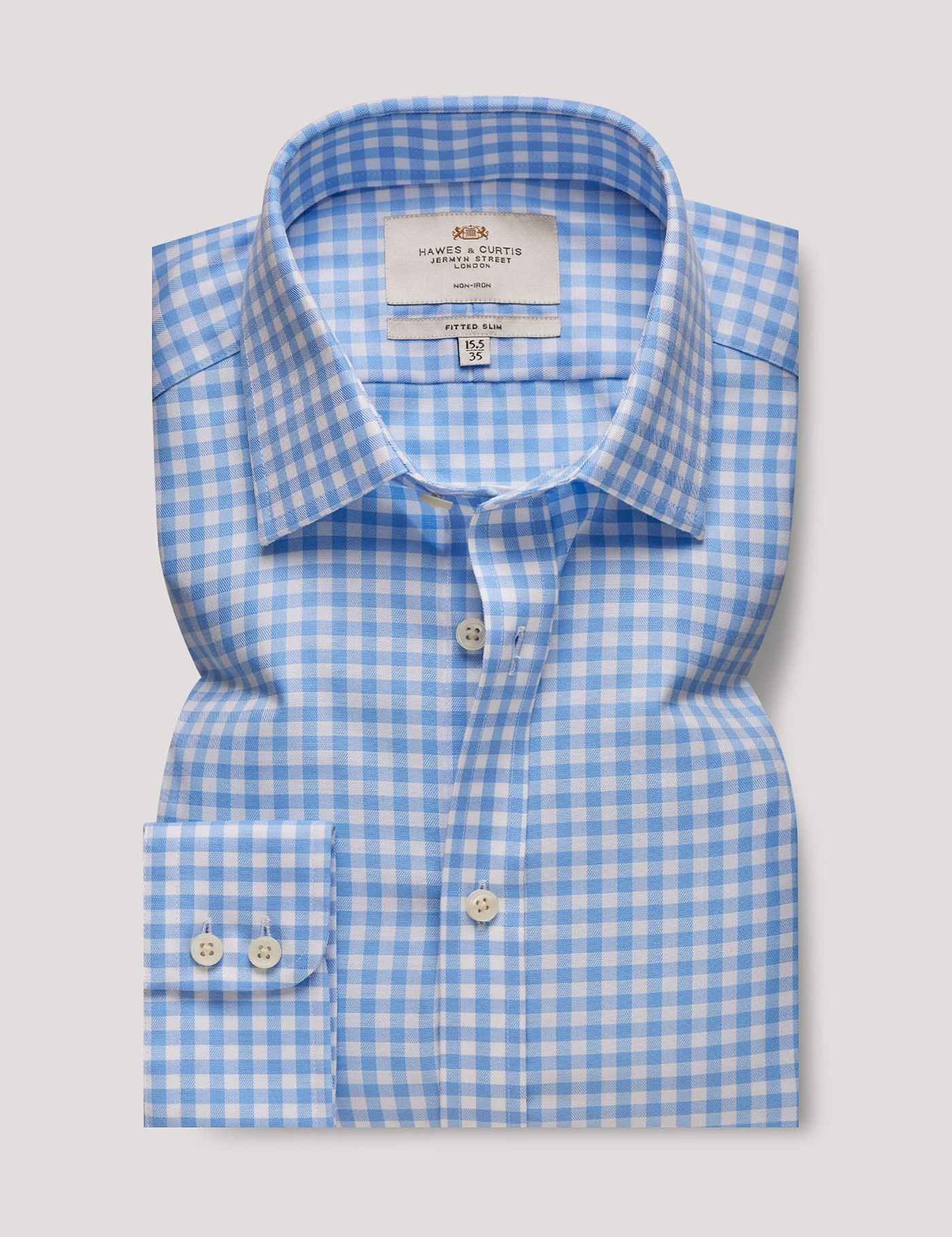 Fitted Slim Blue & White Gingham Plaid Non-Iron Shirt-preview