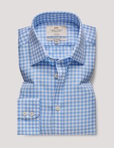 Non-Iron Blue & White Gingham Fitted Slim Shirt-preview1