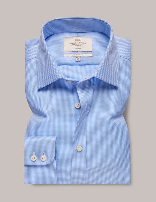 Non-Iron Blue & White Dogtooth Fitted Slim Shirt