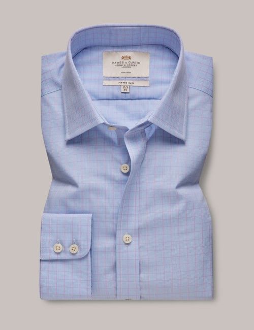 Non-Iron Blue & Pink Check Fitted Slim Shirt