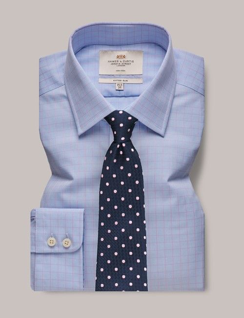 Non-Iron Blue & Pink Check Fitted Slim Shirt-preview