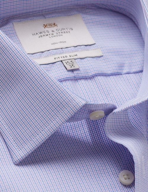 Non-Iron Lilac & Blue Mini Check Fitted Slim Shirt