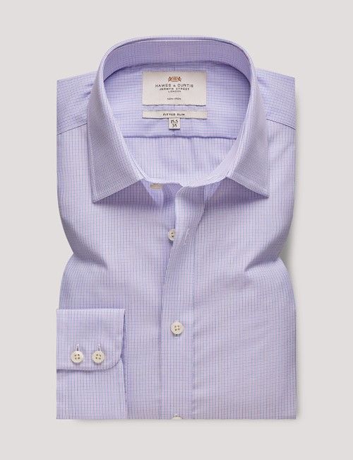 Non-Iron Lilac & Blue Mini Check Fitted Slim Shirt-preview