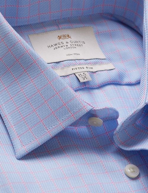 Non-Iron Blue & Pink Windowpane Check Fitted Slim Shirt