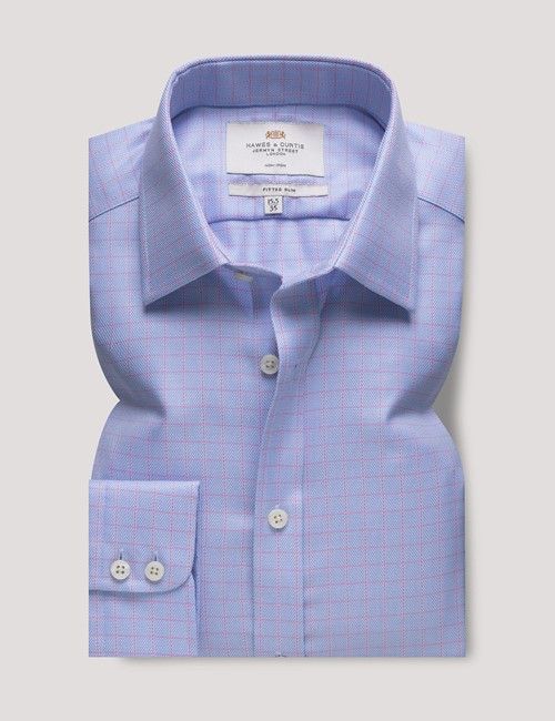 Non-Iron Blue & Pink Windowpane Check Fitted Slim Shirt-preview