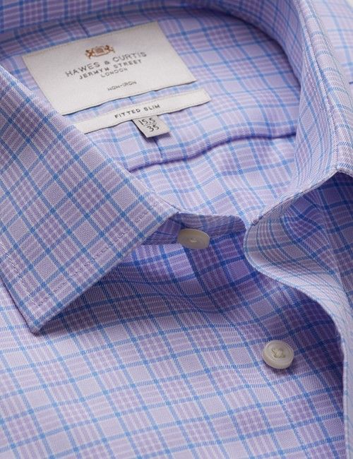 Non-Iron Lilac & Blue Multi Check Fitted Slim Shirt