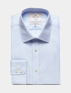 Fitted Slim Blue & White Windowpane Check Non-Iron Shirt