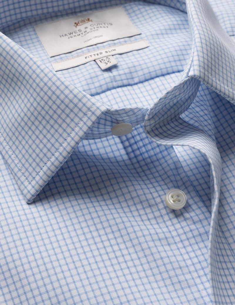 Fitted Slim Blue & White Windowpane Check Non-Iron Shirt