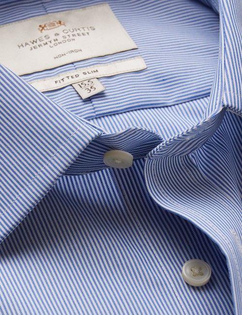 Non-Iron Blue & White Stripe Fitted Slim Shirt