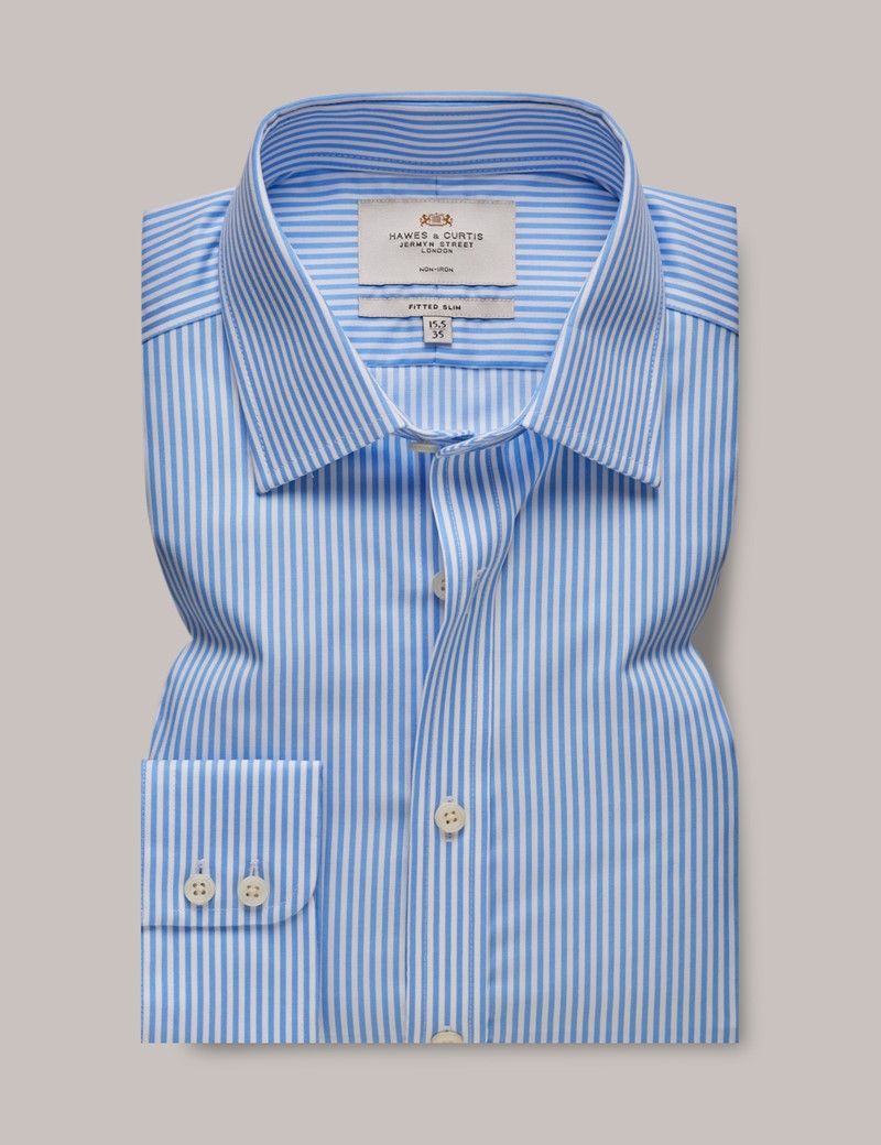 Men's Non-Iron Blue & White Bengal Stripe Fitted Slim Shirt - Single Cuffs