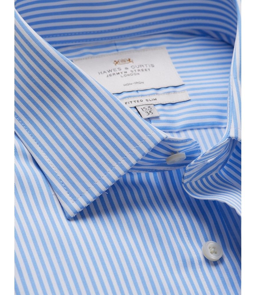 Men's Non-Iron Blue & White Bengal Stripe Fitted Slim Shirt