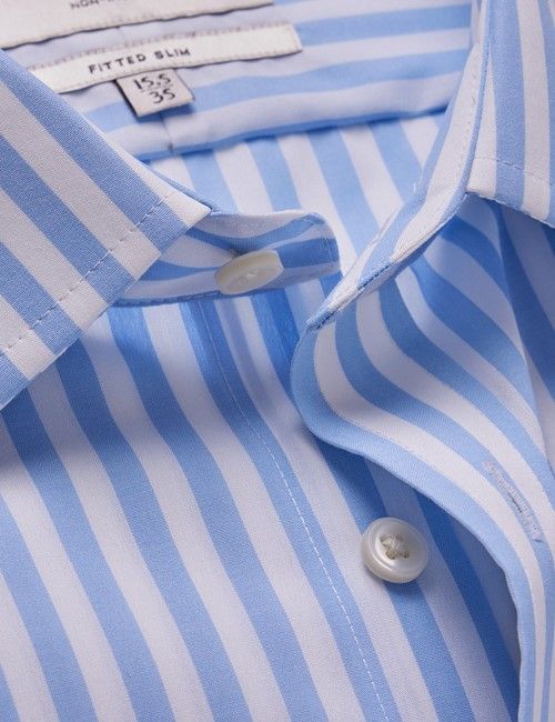Non-Iron Blue & White Bold Stripe Fitted Slim Shirt