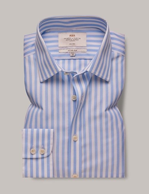 Non-Iron Blue & White Bold Stripe Fitted Slim Shirt-preview