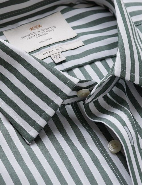 Non-Iron Green & White Bold Stripe Fitted Slim Fit Shirt