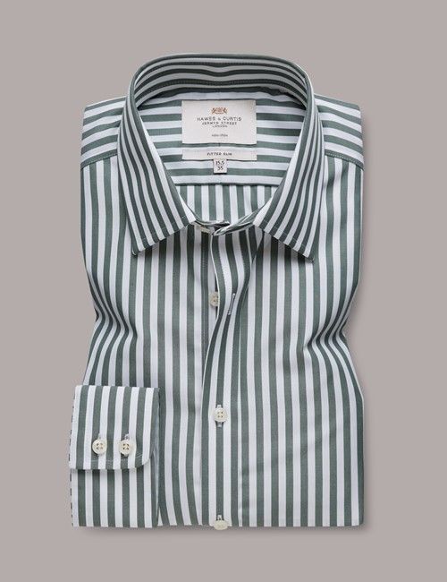 Non-Iron Green & White Bold Stripe Fitted Slim Fit Shirt-preview