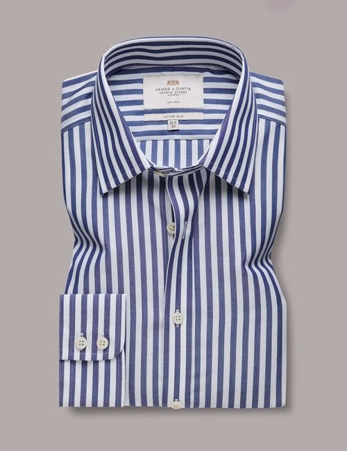 Non-Iron Navy & White Bold Stripe Fitted Slim Fit Shirt-preview