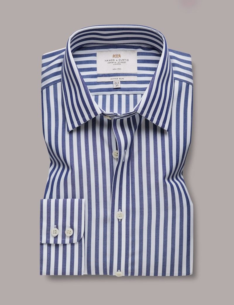Fitted Slim Navy & White Bold Stripe Non-Iron Shirt-preview