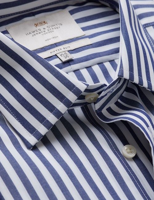 Non-Iron Navy & White Bold Stripe Fitted Slim Fit Shirt