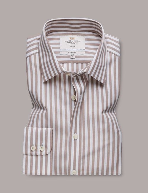 Non-Iron Beige & White Bold Stripe Fitted Slim Fit Shirt-preview