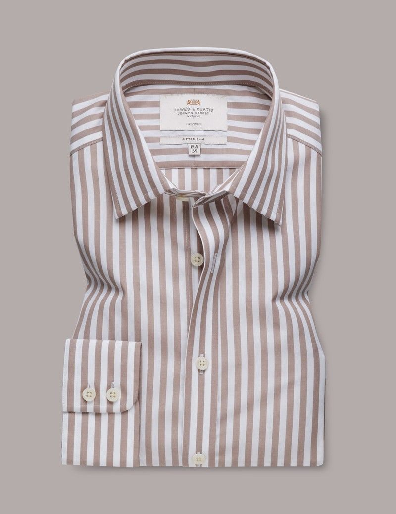 Fitted Slim Beige & White Bold Stripe Non-Iron Shirt-preview