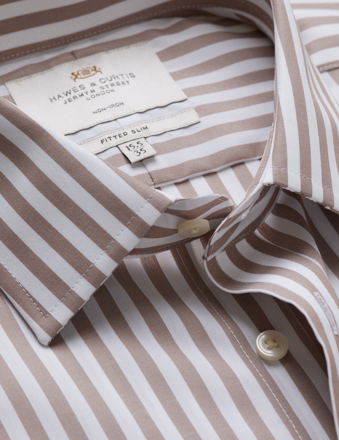 Men's Non-Iron Beige & White Bold Stripe Fitted Slim Fit