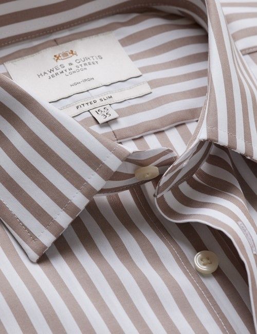 Non-Iron Beige & White Bold Stripe Fitted Slim Fit Shirt