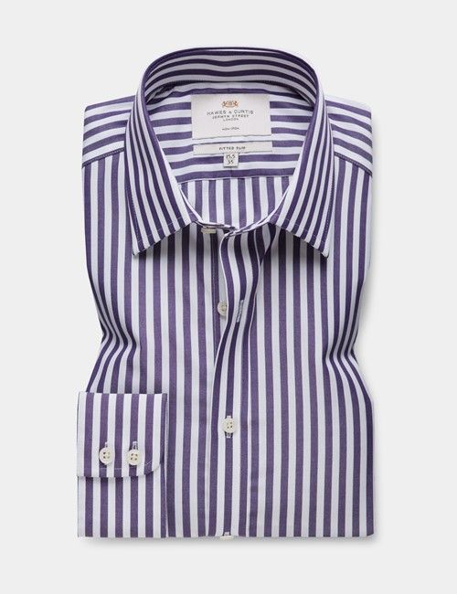 Non-Iron Purple & White Bold Stripe Fitted Slim Fit Shirt-preview
