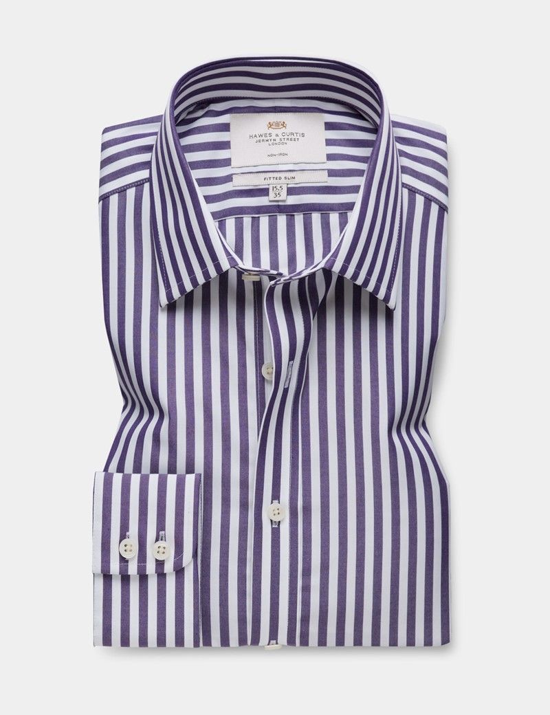 Fitted Slim Purple & White Bold Stripe Non-Iron Shirt-preview