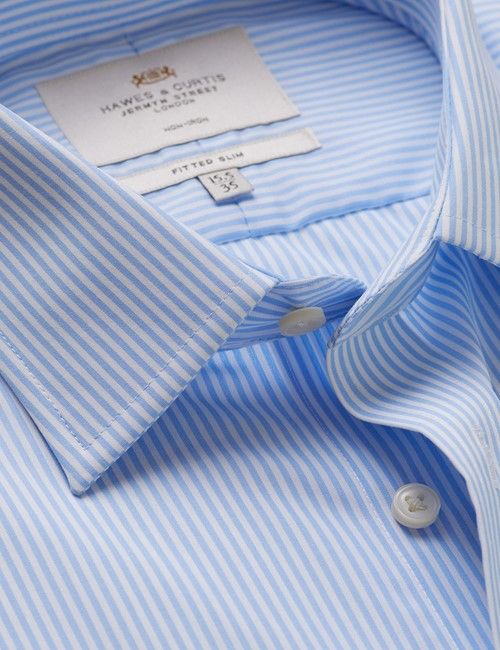 Non-Iron Blue & White Fine Stripe Fitted Slim Fit Shirt