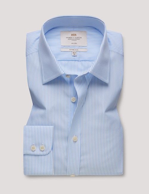 Non-Iron Blue & White Fine Stripe Fitted Slim Fit Shirt-preview