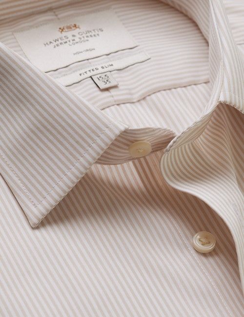 Non-Iron Brown & White Fine Stripe Fitted Slim Fit Shirt