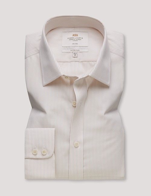 Non-Iron Brown & White Fine Stripe Fitted Slim Fit Shirt-preview