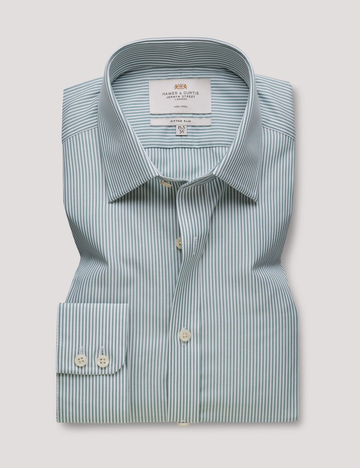 Fitted Slim Green & White Fine Stripe Non-Iron Shirt-preview