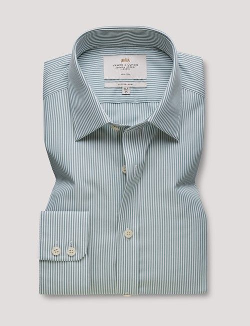 Non-Iron Green & White Fine Stripe Fitted Slim Fit Shirt-preview