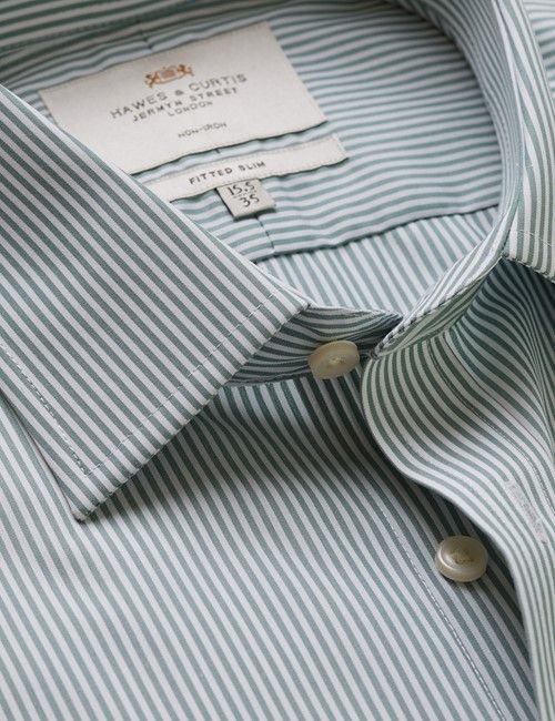 Non-Iron Green & White Fine Stripe Fitted Slim Fit Shirt