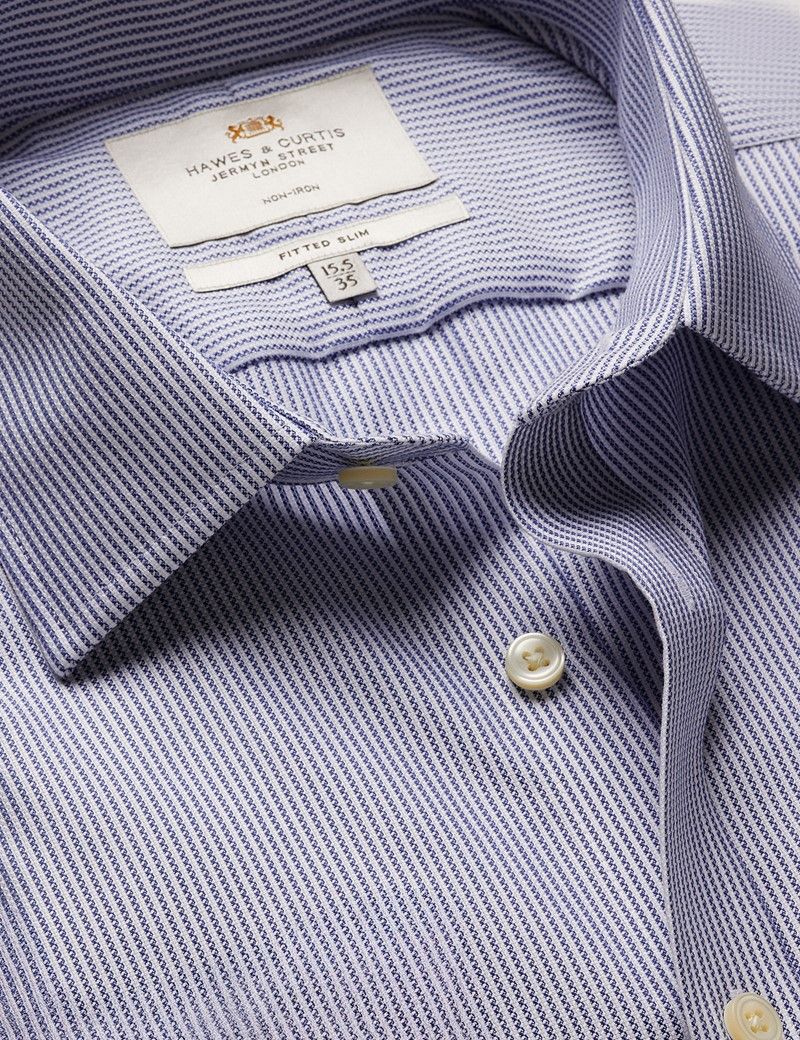 Fitted Slim Navy & White Textured Stripe Non-Iron Shirt