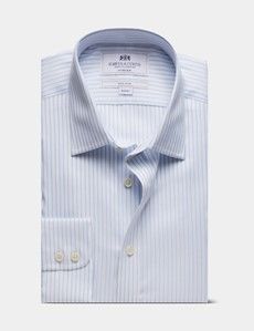 Fitted Slim Blue & White Herringbone Stripe Non-Iron Shirt