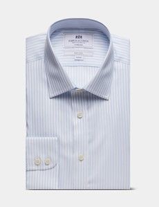 Fitted Slim Blue & White Herringbone Stripe Non-Iron Shirt