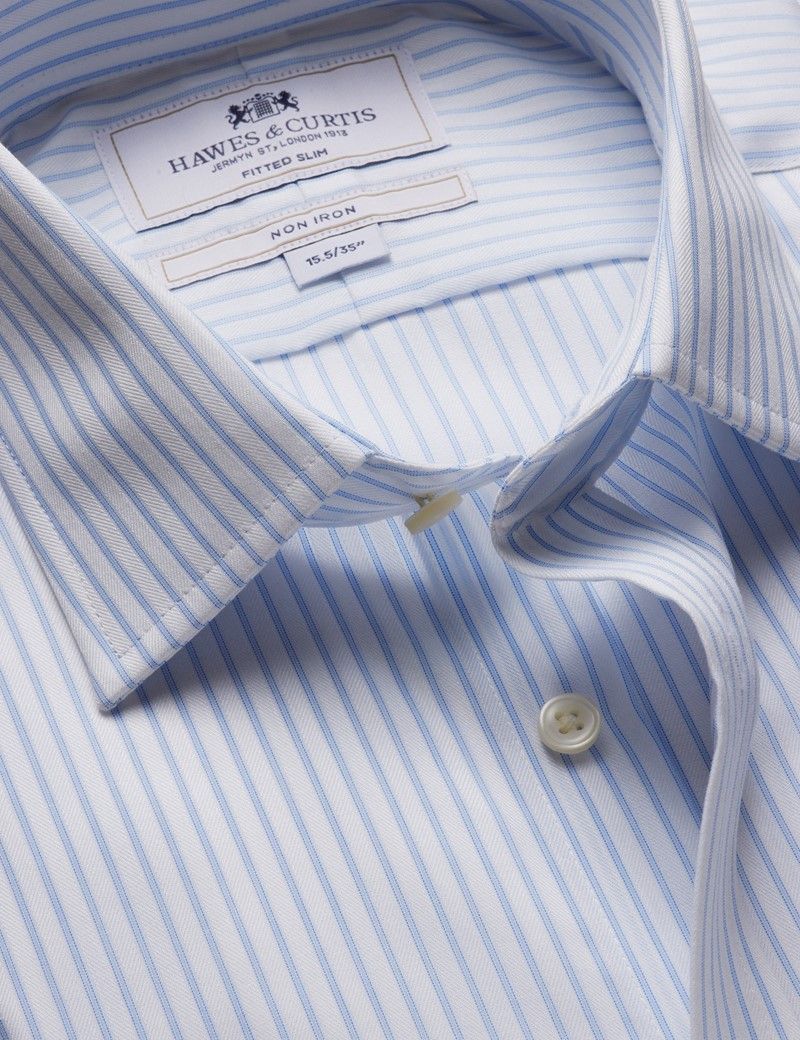Fitted Slim Blue & White Herringbone Stripe Non-Iron Shirt