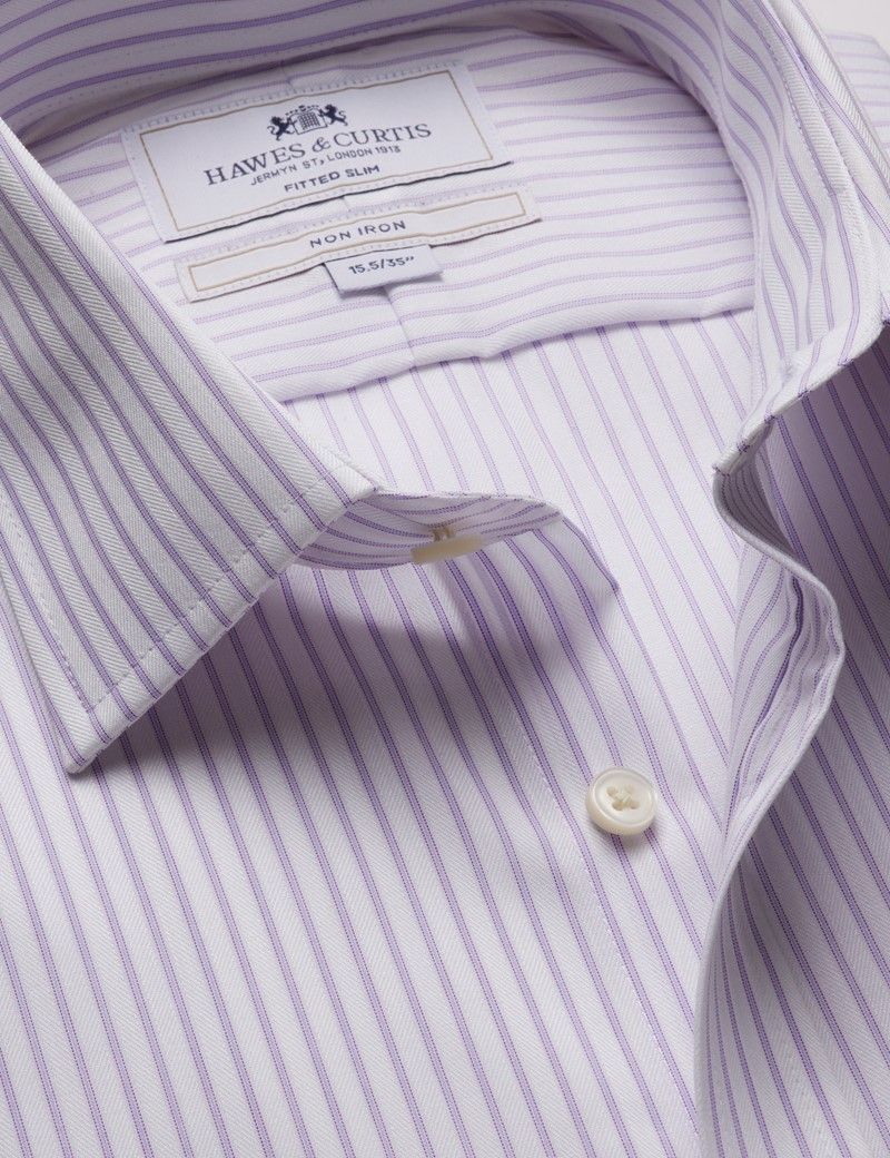 Fitted Slim Lilac & White Herringbone Stripe Non-Iron Shirt