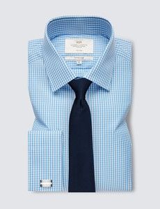 Fitted Slim Blue & White Gingham Check Non-Iron Shirt Semi Cutaway Collar