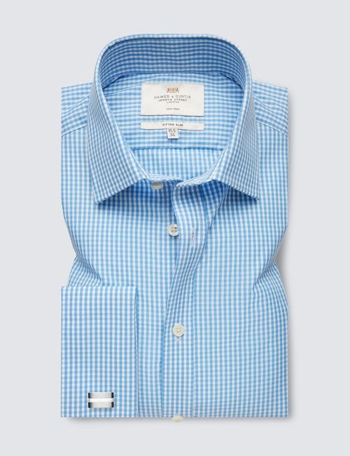 Non-Iron Blue & White Gingham Plaid Fitted Slim Shirt - Semi Cutaway Collar - French Cuffs-preview