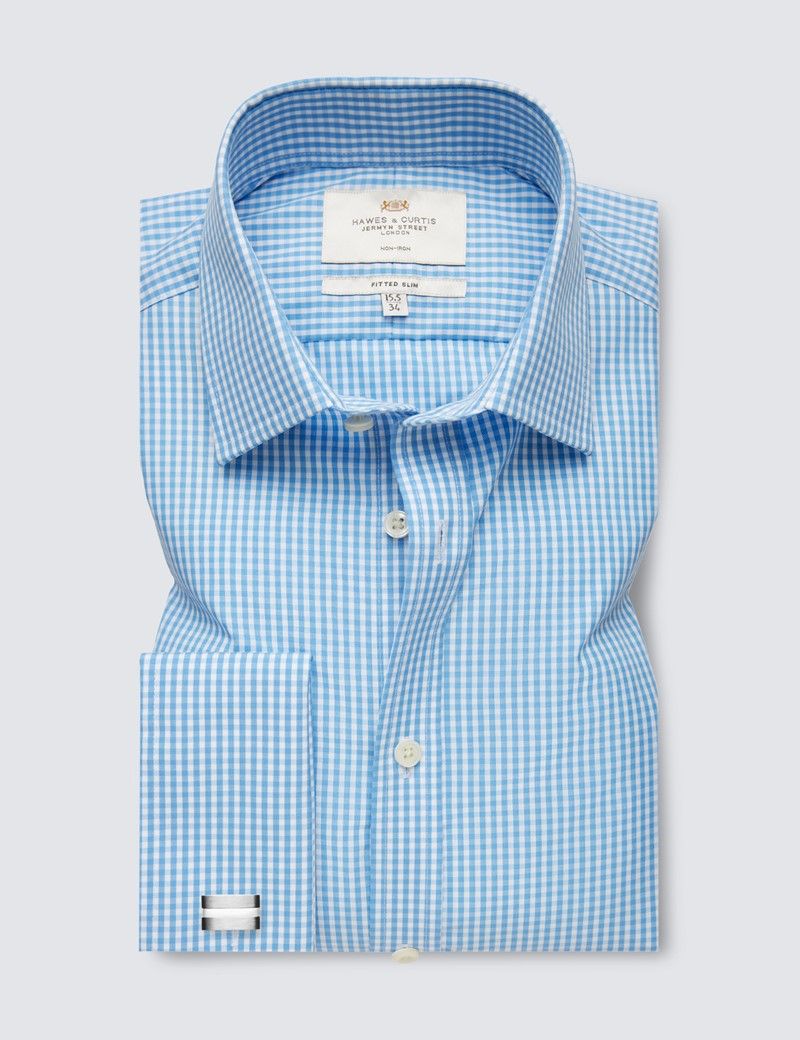 Fitted Slim Blue & White Gingham Plaid Non-Iron Shirt Semi Cutaway Collar-preview